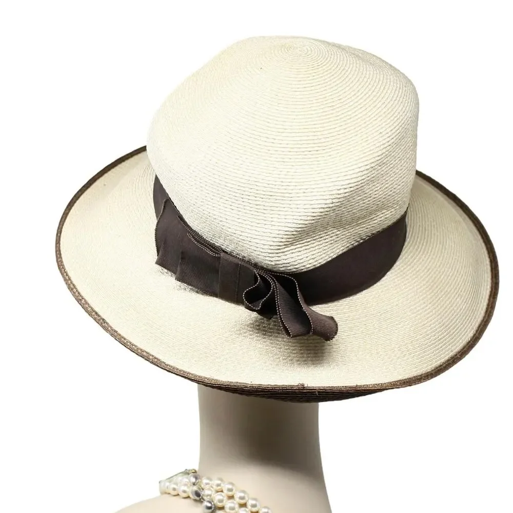 Vintage Wide Brim Straw Sun Hat Cream Brown Ribbon Summer Resort Chic - Hey Viv